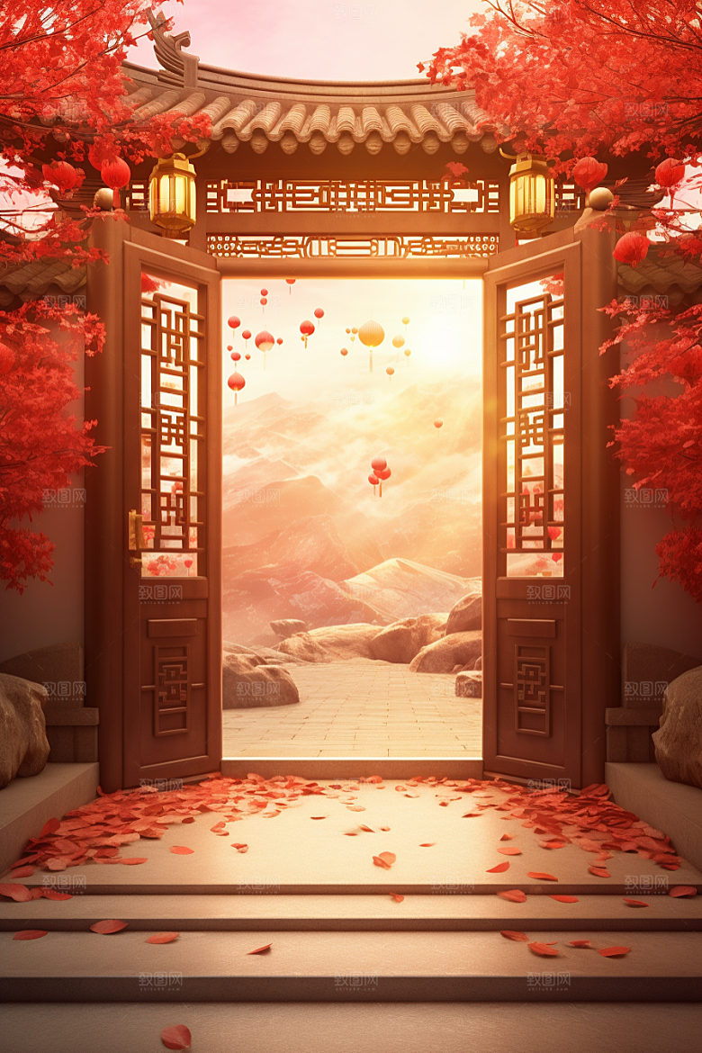 中式传统门楼中国风开门红背景图