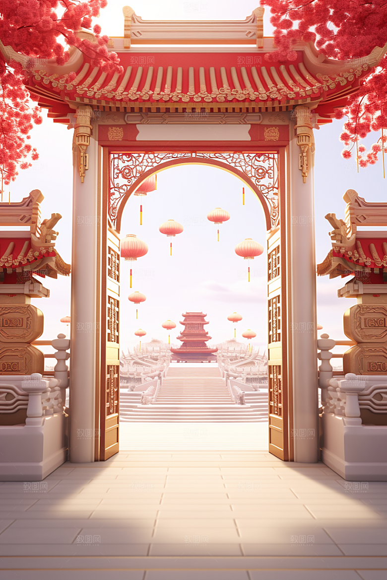 中式传统门楼开业大吉开门红背景图