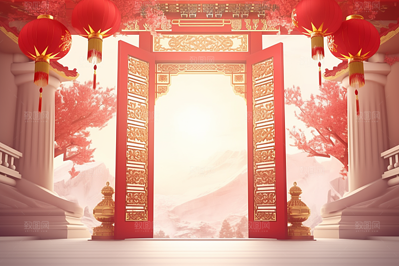 中式传统门楼中国风开业背景图