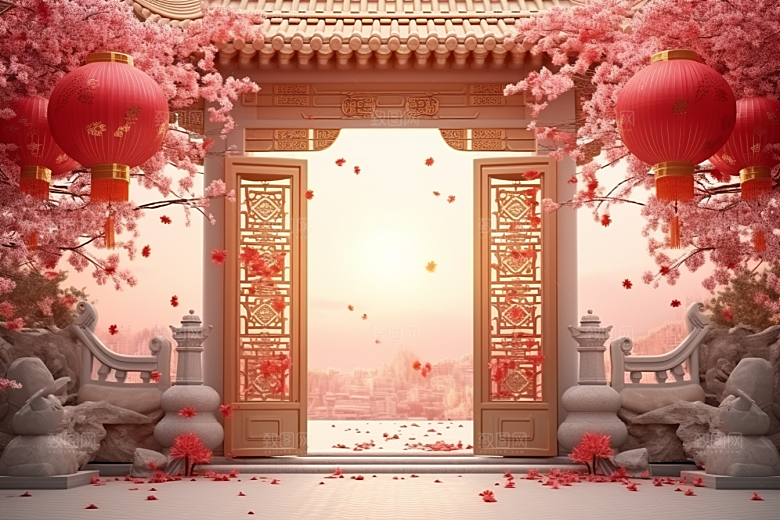 中式传统门楼喜庆开业背景图