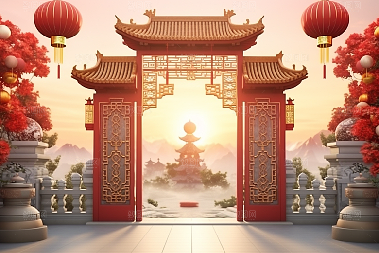 中式传统门楼开业国潮背景图