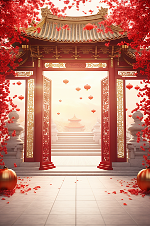 中式传统门楼中国风开门红背景图