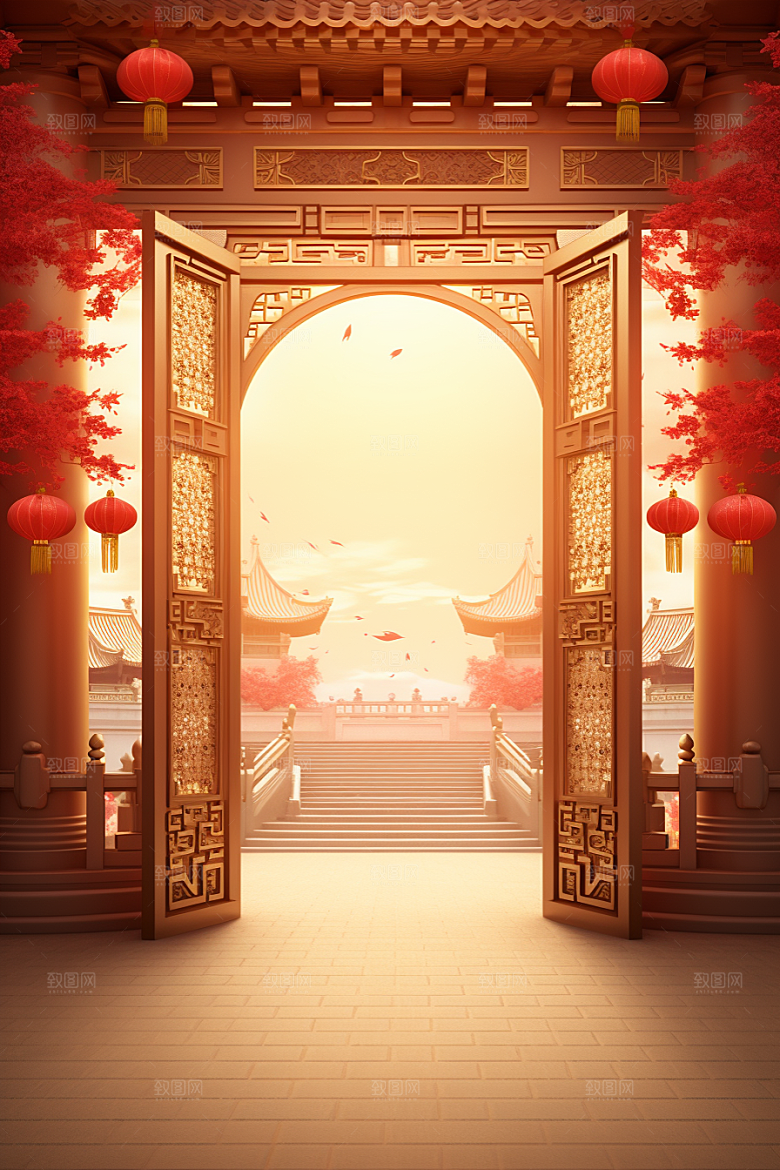 中式传统门楼直播喜庆背景图