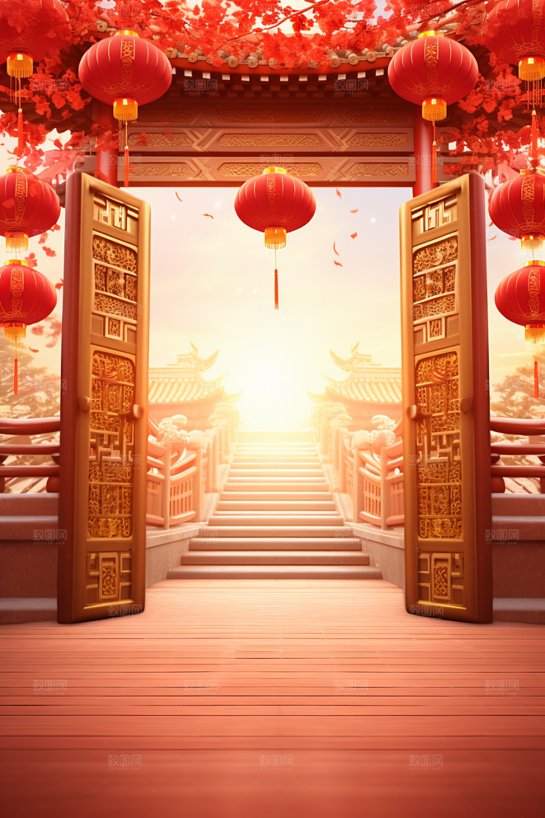 中式传统门楼热卖开业背景图