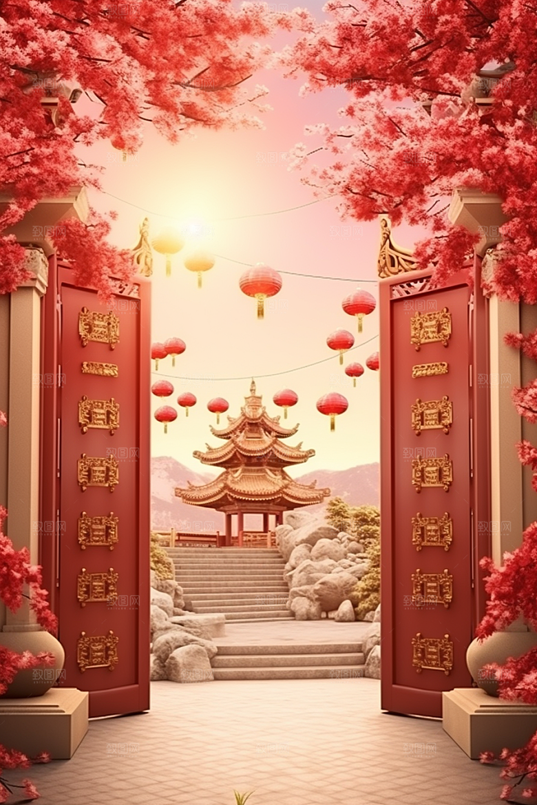 中式传统门楼喜庆开业大吉背景图