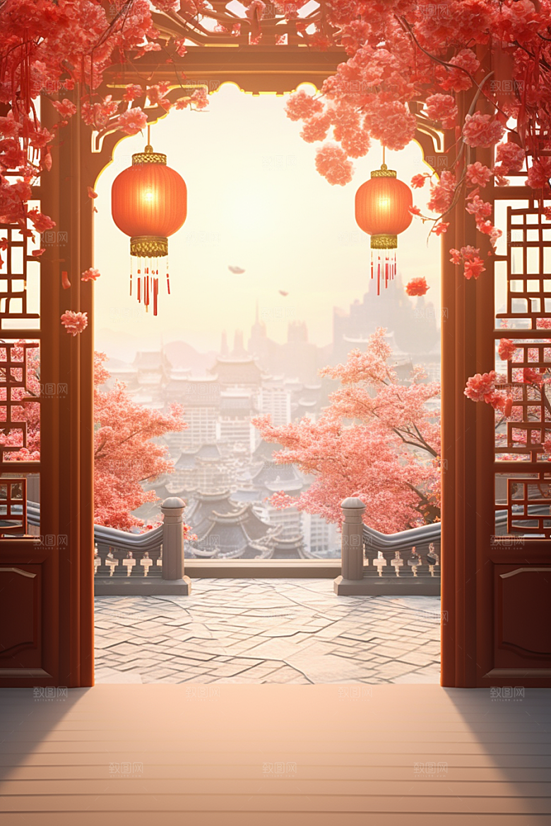 中式传统门楼火热促销背景图