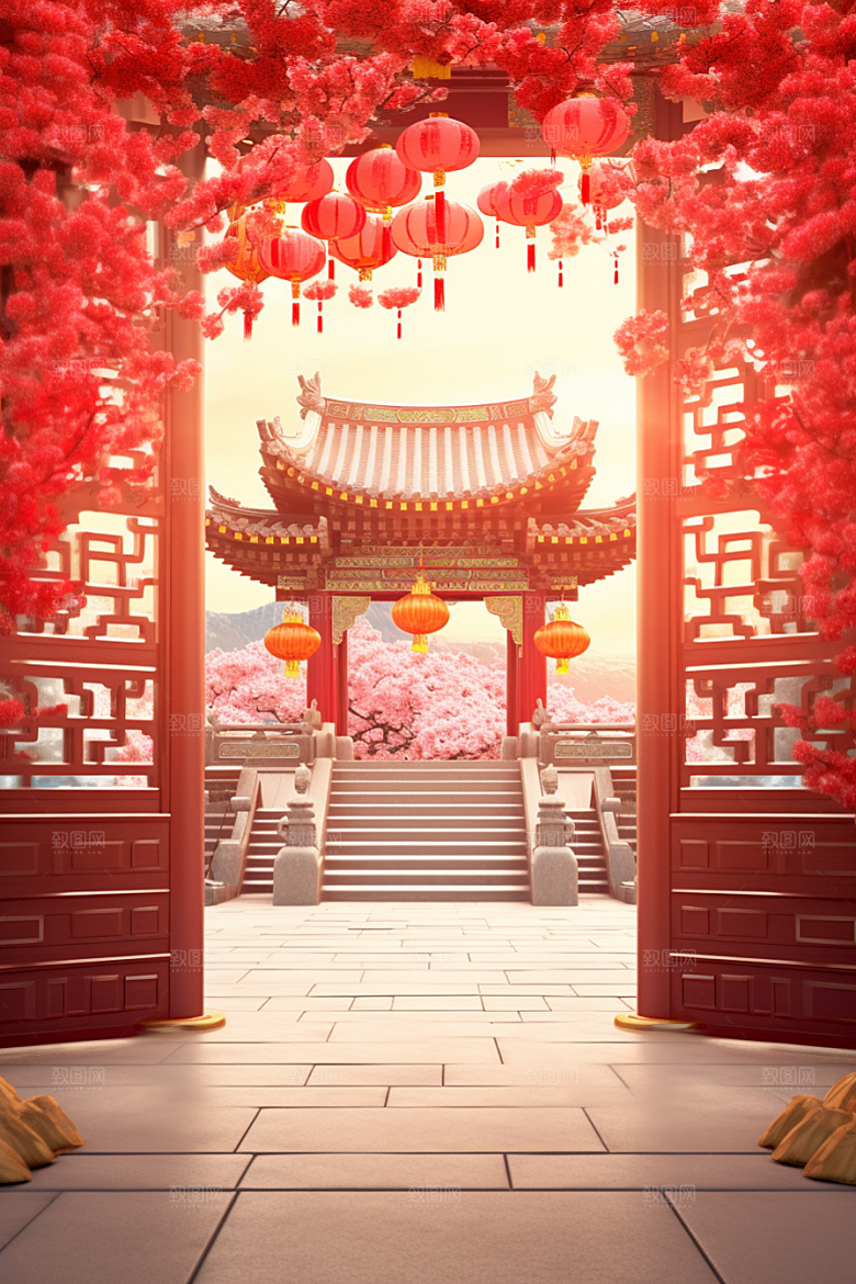 中式传统门楼国潮开业背景图