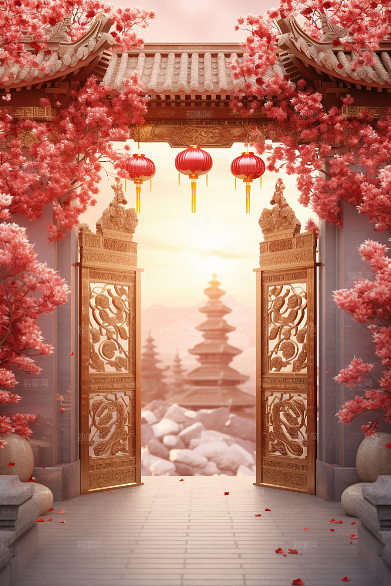 中式传统门楼直播火热背景图