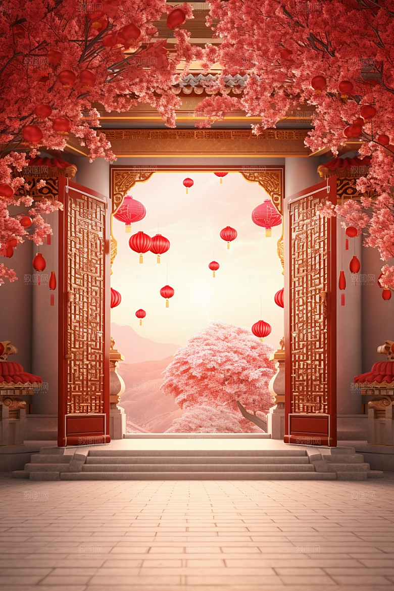 中式传统门楼直播喜庆背景图
