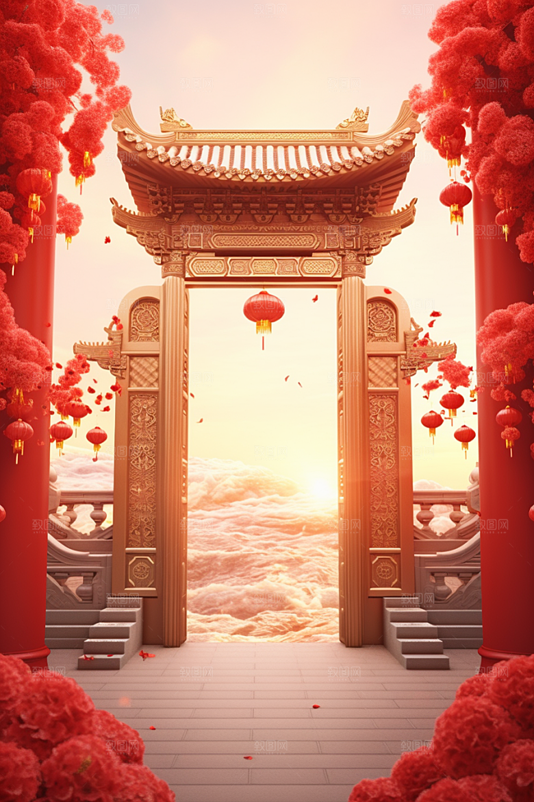 中式传统门楼国潮热卖背景图