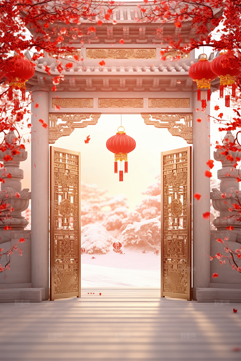 中式传统门楼开门红促销背景图