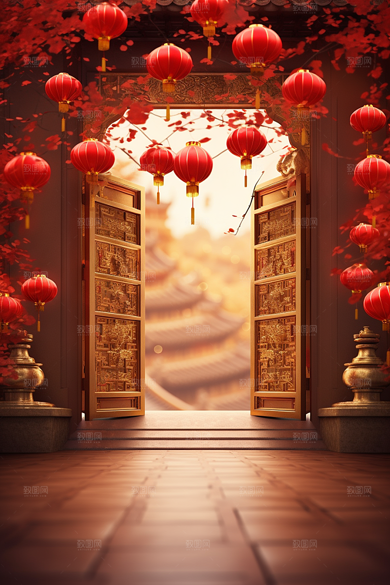 中式传统门楼国潮开业背景图