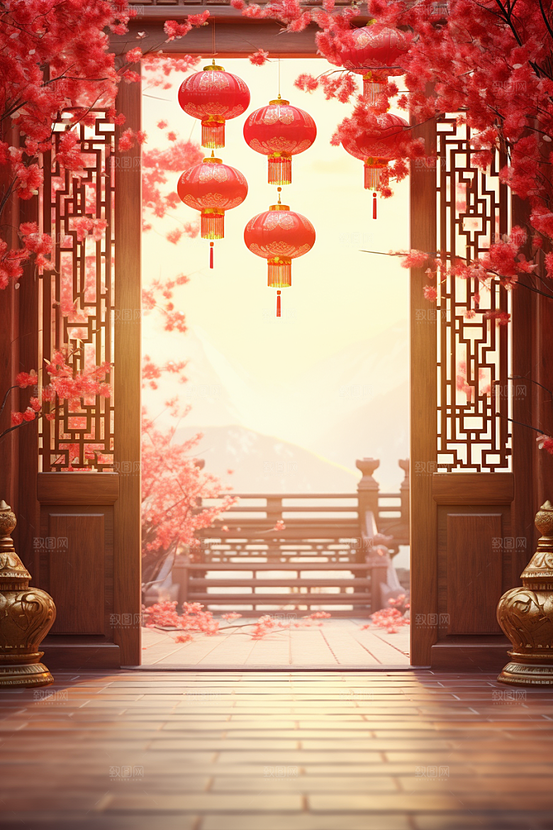 中式传统门楼开门红喜庆背景图