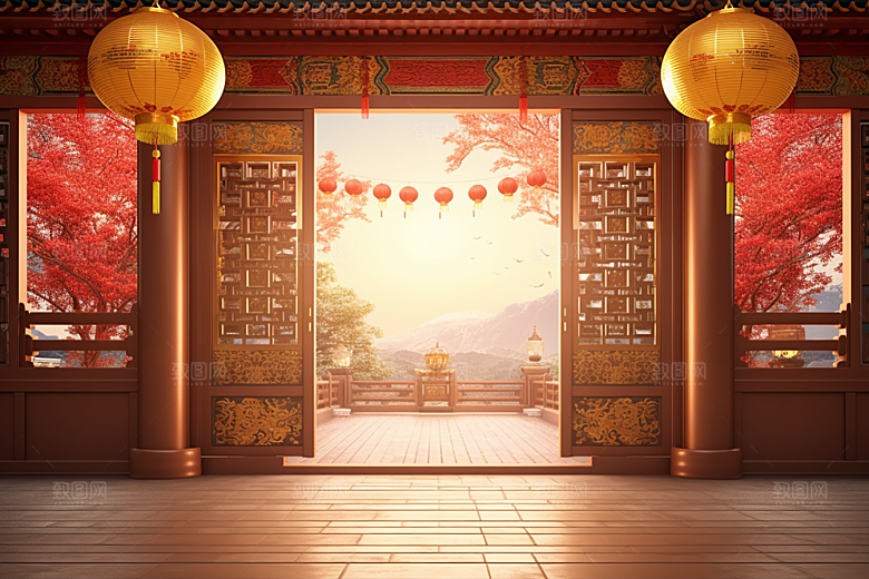 中式传统门楼国潮开门红背景图