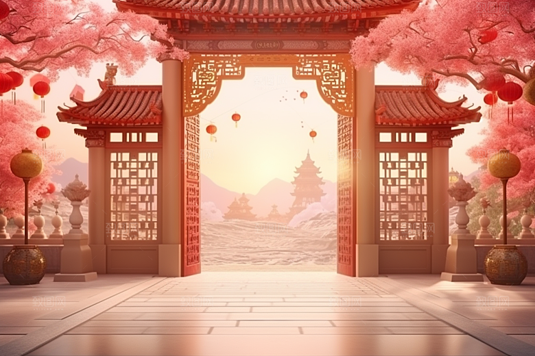 中式传统门楼开业大吉喜庆背景图