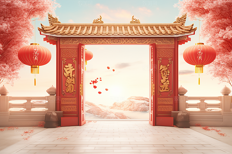 中式传统门楼中国风开业背景图
