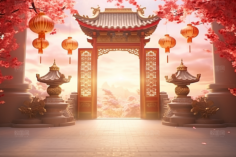 中式传统门楼直播开业背景图