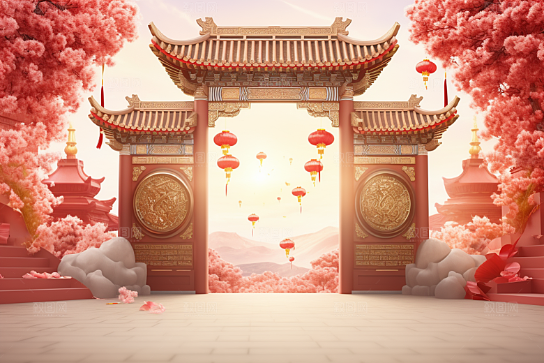 中式传统门楼喜庆开业背景图