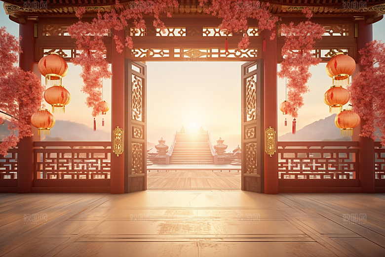 中式传统门楼国潮开业背景图
