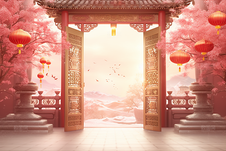 中式传统门楼国潮开门红背景图