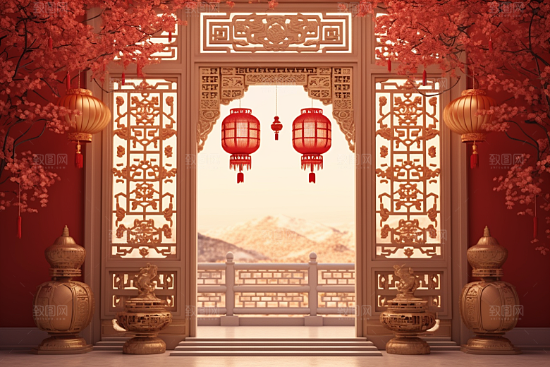 中式传统门楼中国风开业背景图