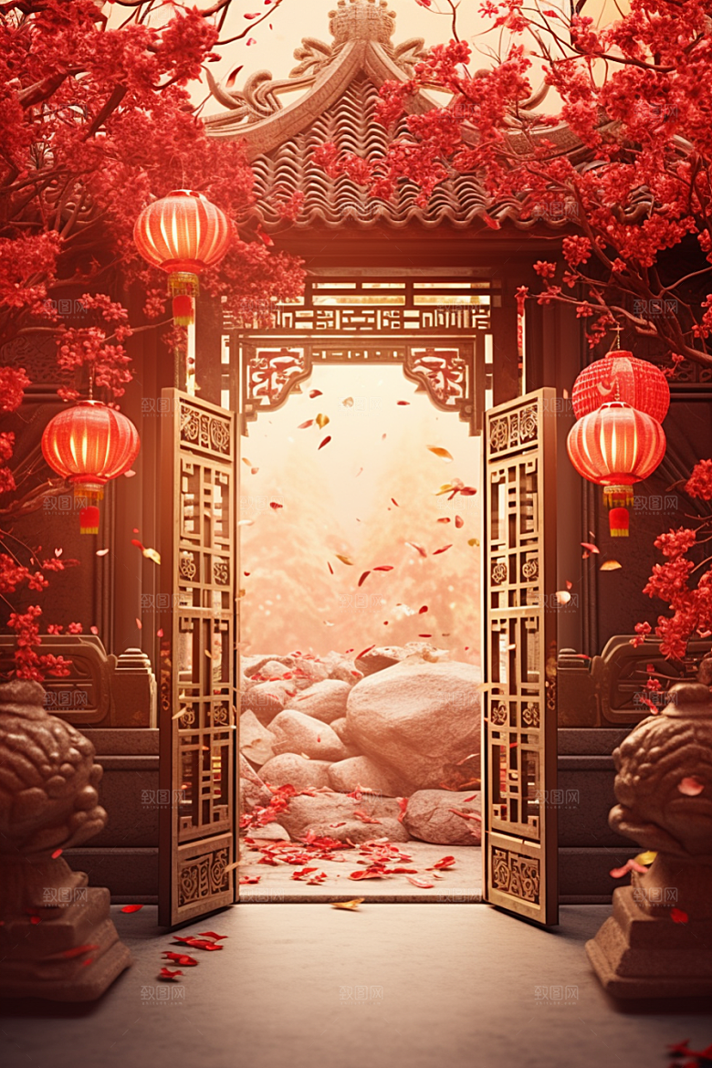 中式传统门楼直播国潮背景图