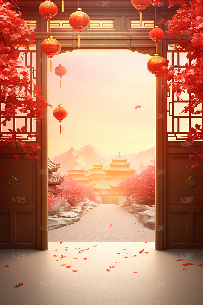 中式传统门楼火热开门红背景图