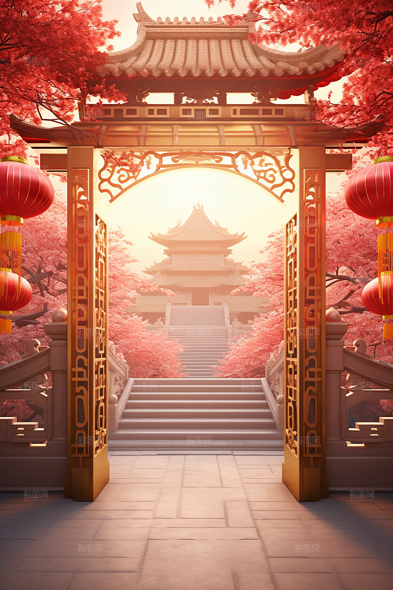 中式传统门楼中国风喜庆背景图