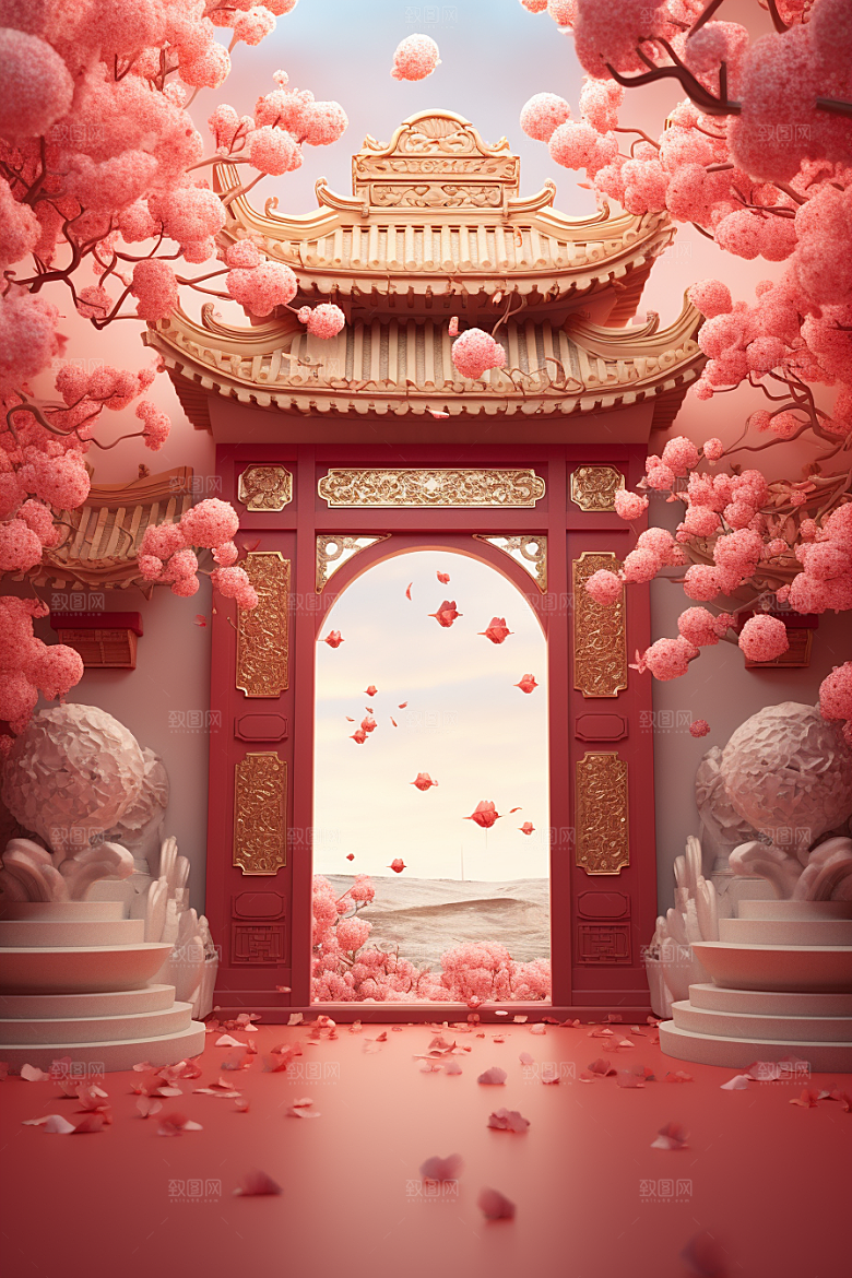 中式传统门楼开门红火热背景图