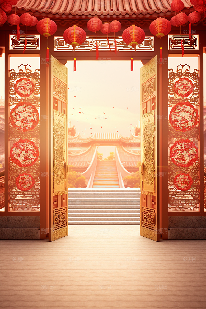 中式传统门楼火热促销背景图