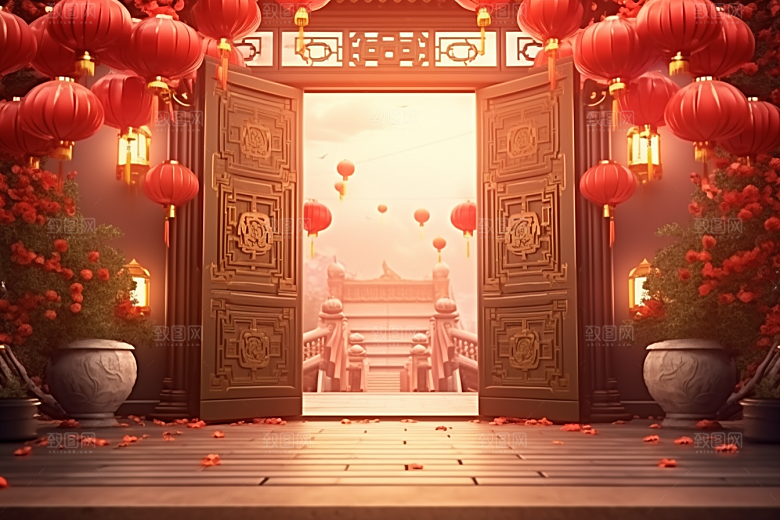 中式传统门楼国潮促销背景图