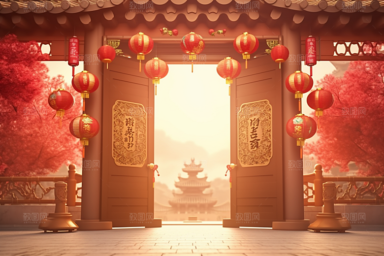 中式传统门楼开业大吉喜庆背景图