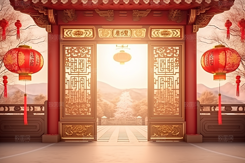 中式传统门楼喜庆火热背景图