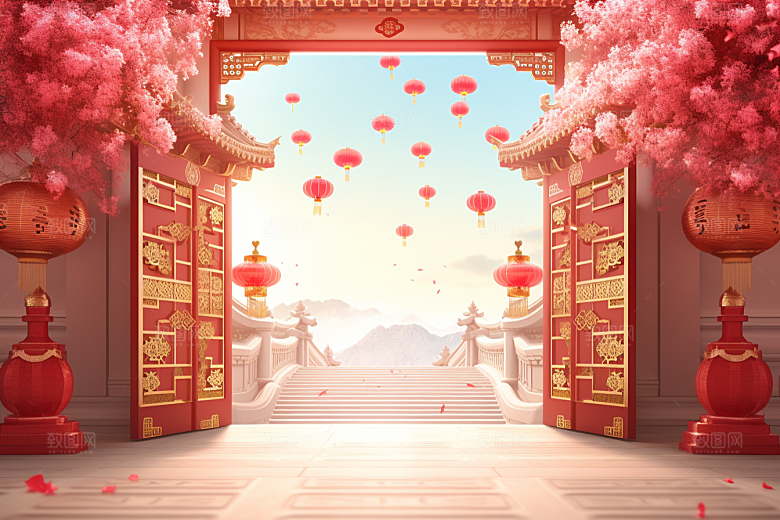 中式传统门楼火热开业大吉背景图
