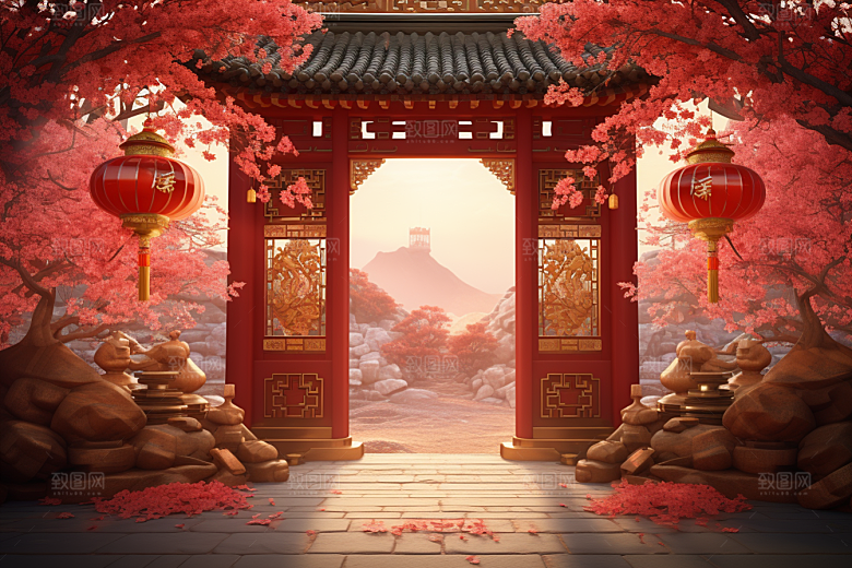 中式传统门楼促销开业大吉背景图