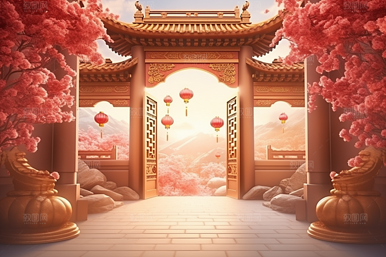中式传统门楼国潮促销背景图