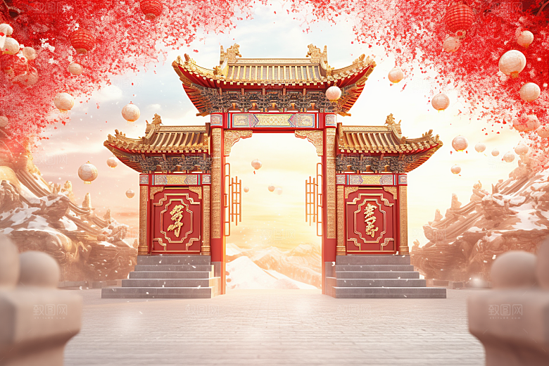 中式传统门楼国潮火热背景图
