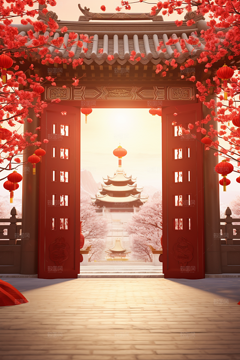 中式传统门楼促销直播背景图