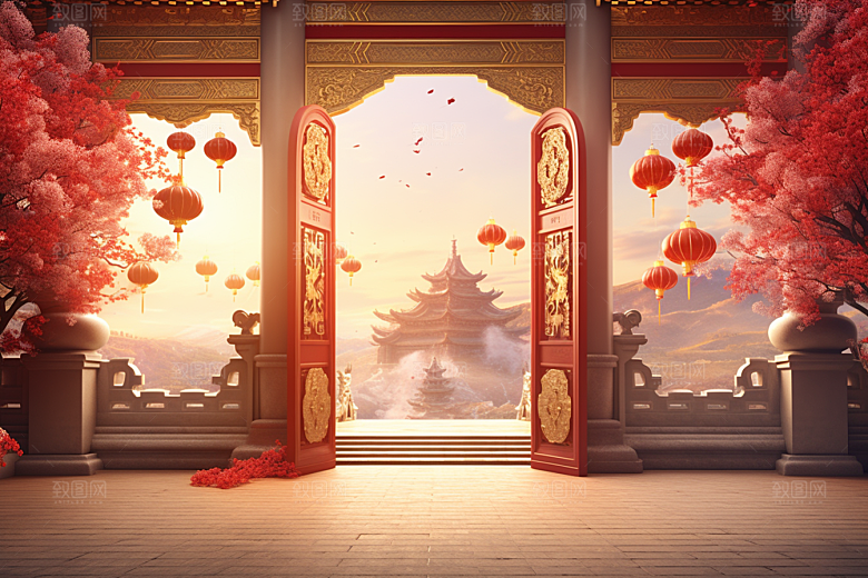 中式传统门楼中国风火热背景图