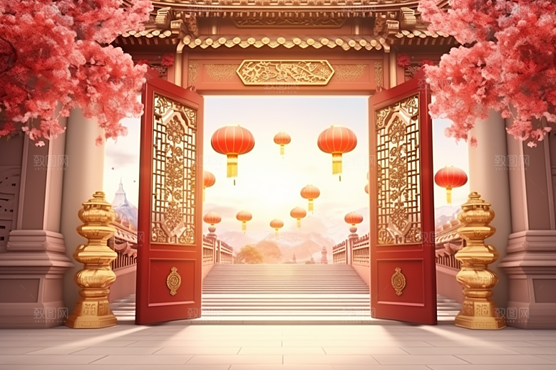 中式传统门楼促销喜庆背景图