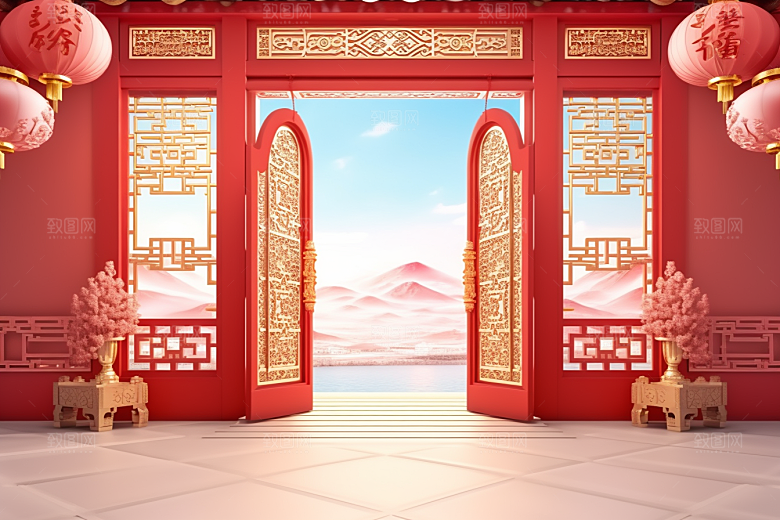 中式传统门楼火热开门红背景图