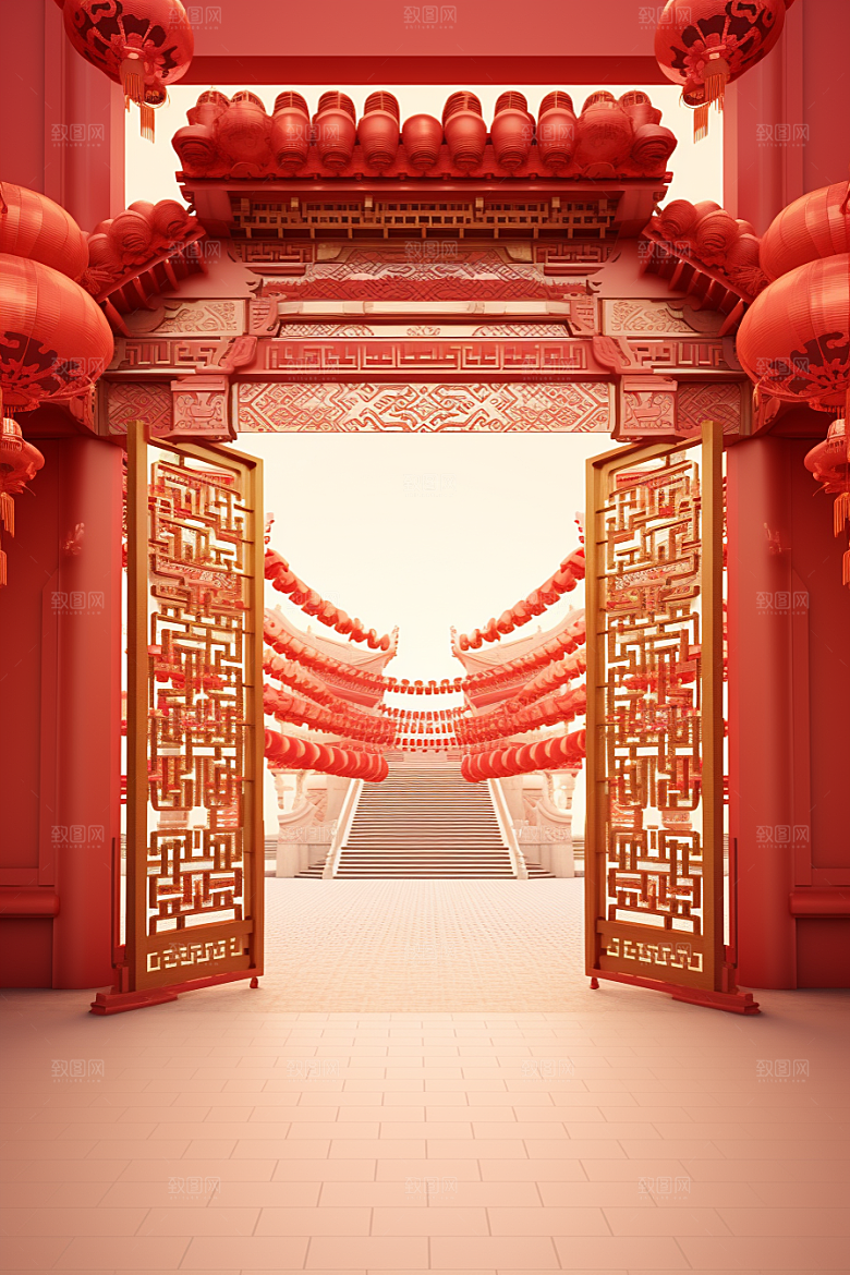 中式传统门楼国潮开门红背景图