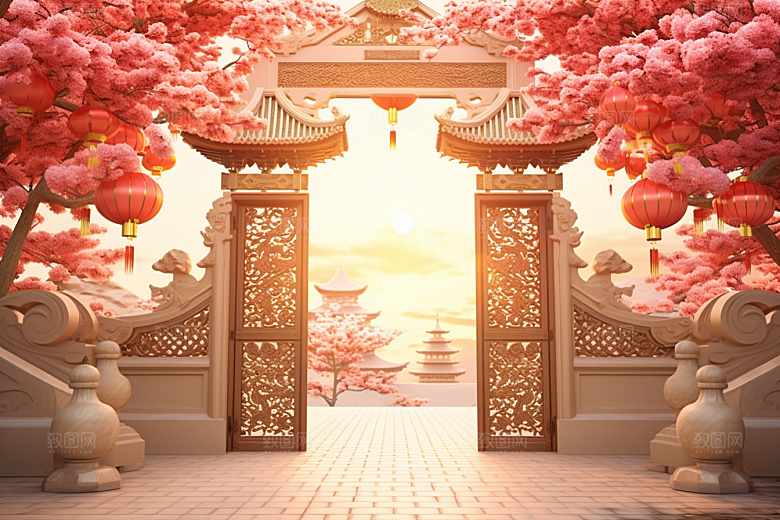 中式传统门楼促销开门红背景图