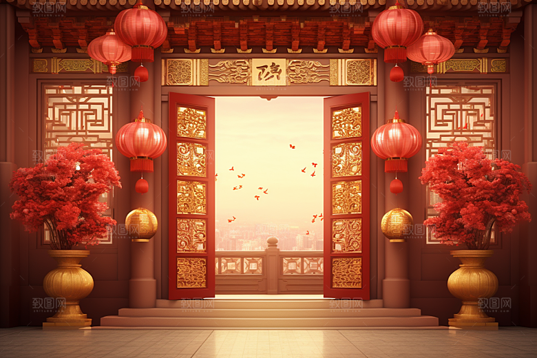 中式传统门楼促销喜庆背景图