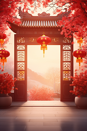 中式传统门楼开业促销背景图