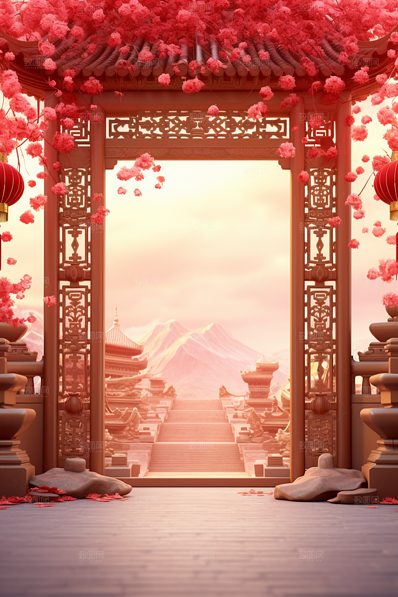 中式传统门楼中国风促销背景图