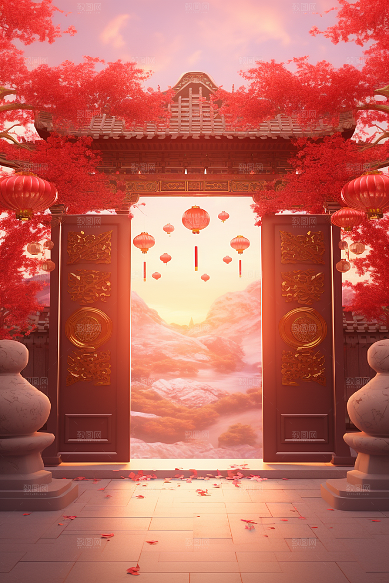 中式传统门楼火热开业大吉背景图