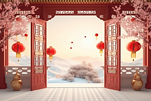 中式传统门楼直播开业背景图