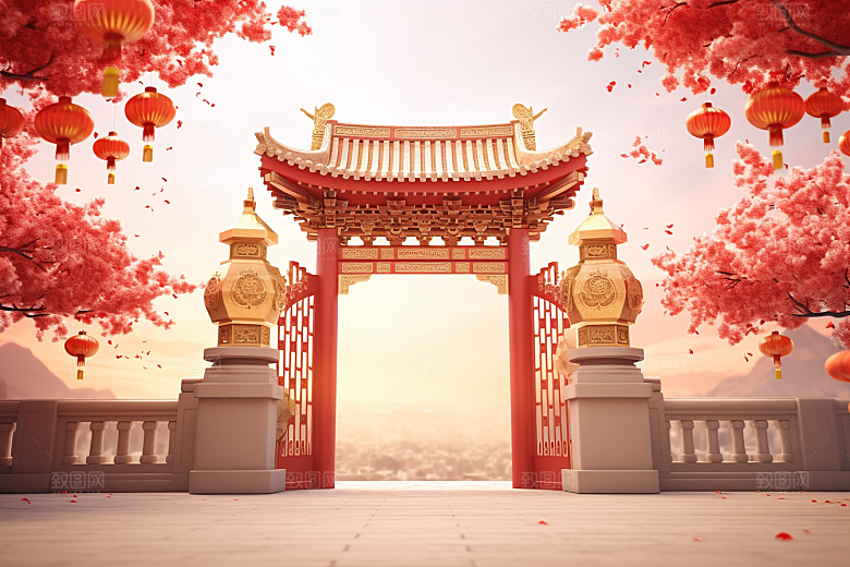 中式传统门楼开业大吉开门红背景图
