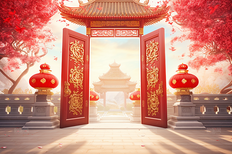 中式传统门楼喜庆促销背景图